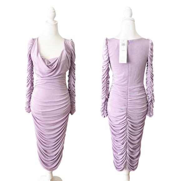 Aliette Ruched Long Sleeve Cowl Neck Midi Dress 2 Purple NWT - Picture 3 of 12